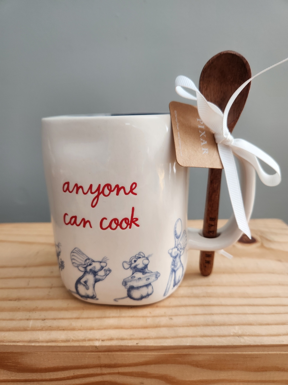 Rae Dunn Disney Pixar Ratatouille "Anyone Can Cook" Ceramic Mug W/ Wooden Spoon